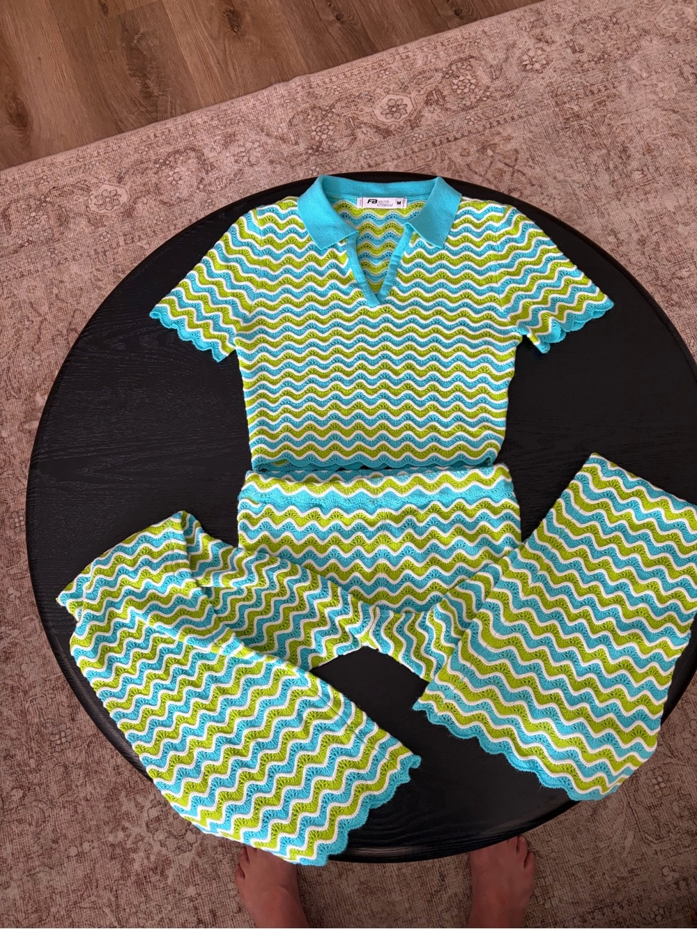 Wave-Stripe Wide-Leg set Aqua, Lime & White knitwear